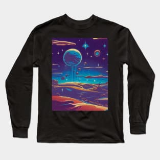 Colorful anime retro planet landscape space seamless pattern Long Sleeve T-Shirt